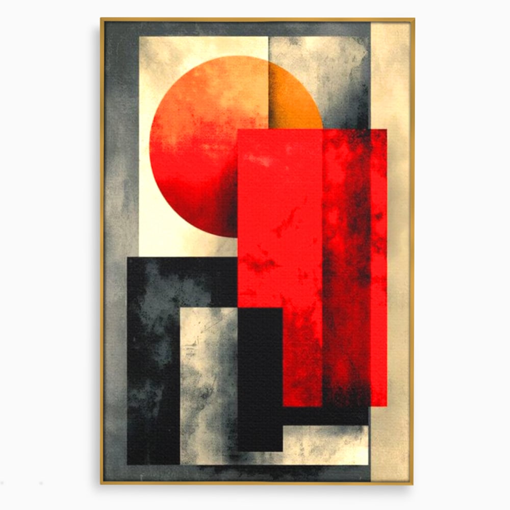 Tablou canvas cu tablou abstract geometric cu soare rosu, in rama de aluminiu auriu